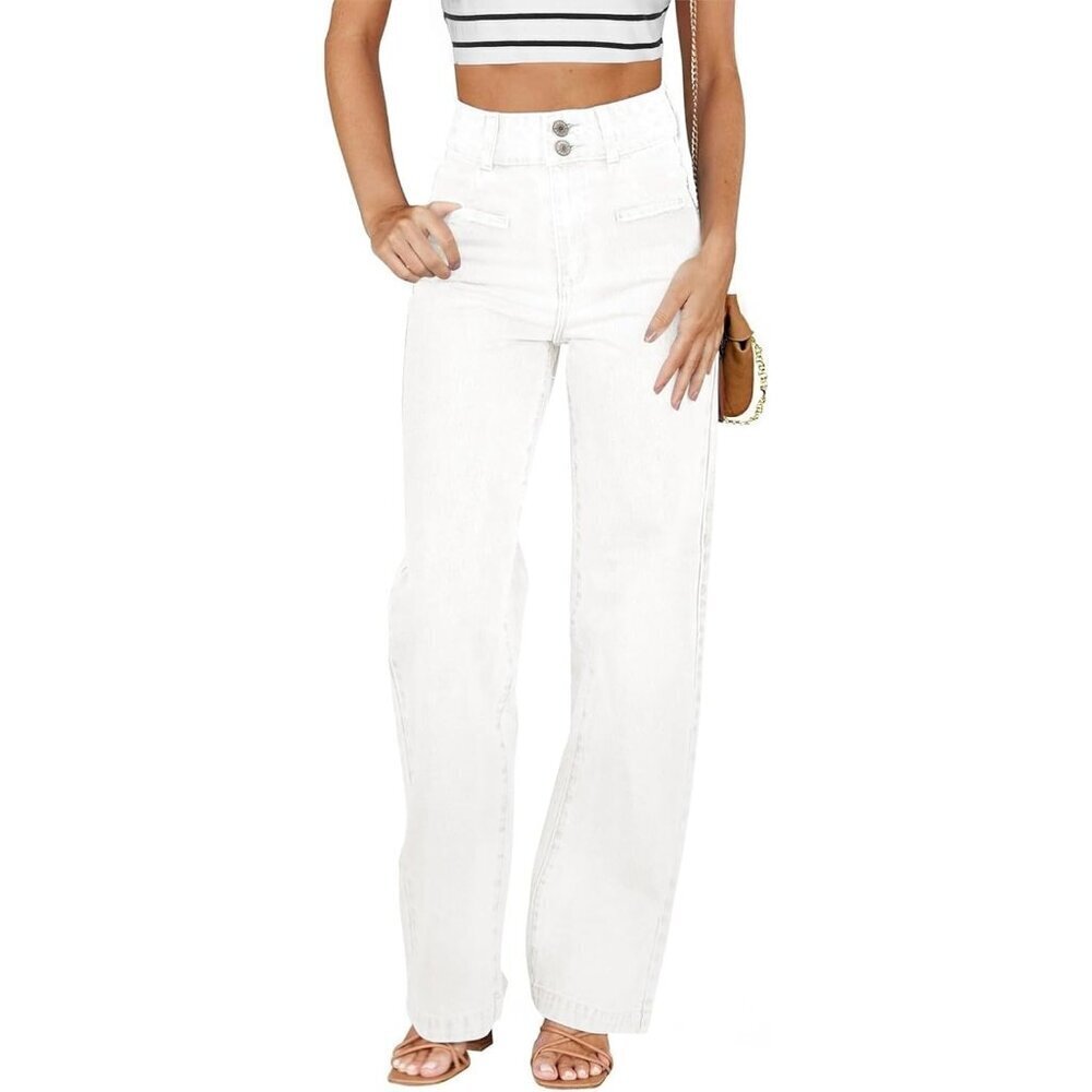 Women's Cream White High Waisted Straight Leg Stretchy Trendy Loose Denim Pants